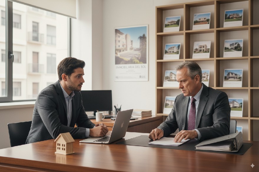 Trabajador de una inmobiliaria con un cliente
