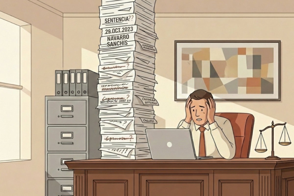 Una oficina o despacho legal español con un contribuyente o abogado sentado en un escritorio de madera con un portátil abierto.