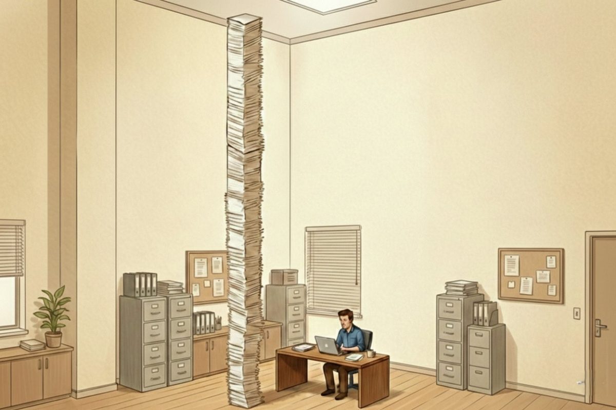 Gestor profesional trabajando en su escritorio de oficina moderna con gesto de concentración y agobio, con la mano en la cabeza frente a su ordenador, reflejando la complejidad de la gestión administrativa y normativa en España